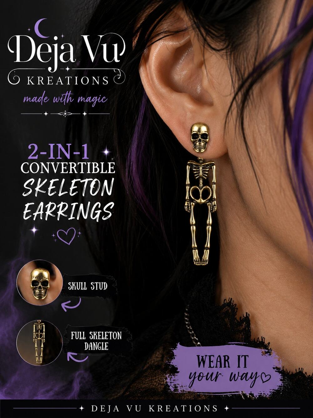 COMING SOON!! Gold Tone 2-in-1 Skeleton Skull Halloween Dangle Studs Earrings